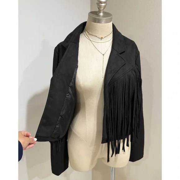 REVEROF Women's Black Faux Suede Leather Fringe Jacket Size L Western Cow Girl - Picture 6 of 10